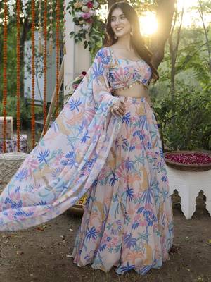 Floral Digital Print Baby Pink Embroadery Lace work Georgette Flaired Lehenga choli With Unstitch Blouse 5