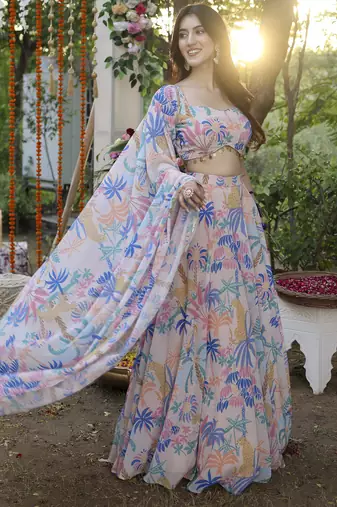 Floral Digital Print Baby Pink Embroadery Lace work Georgette Flaired Lehenga choli With Unstitch Blouse