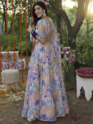 Floral Digital Print Baby Pink Embroadery Lace work Georgette Flaired Lehenga choli With Unstitch Blouse 7