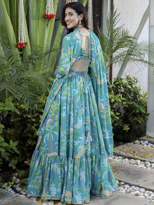 Floral Digital Print Firoji Embroadery Lace work Georgette Flaired Lehenga choli With Unstitch Blouse 5
