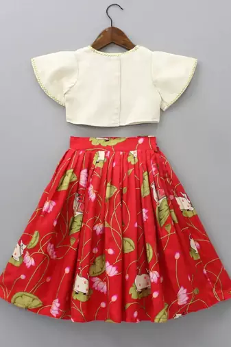 Floral printed lehenga with embroidered ruffle blouse