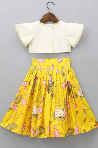Floral printed lehenga with embroidered ruffle blouse
