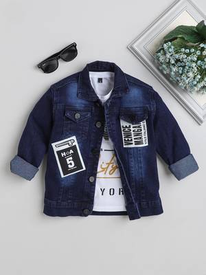 Navy blue printed t-shirt with front pocket denim jacket 1