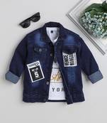 Navy blue printed t-shirt with front pocket denim jacket