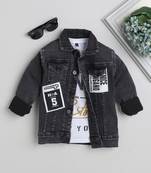 Black printed t-shirt with front pocket denim jacket