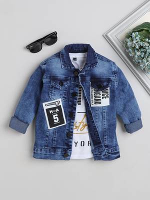 Blue printed t-shirt with front pocket denim jacket 1