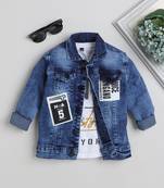 Blue printed t-shirt with front pocket denim jacket