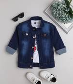 Navy blue printed t-shirt with buttoned denim jacket