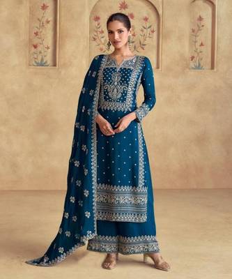 Teal-blue chinon salwar kameez & dupatta set 1