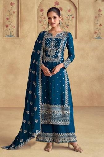Teal-blue chinon salwar kameez & dupatta set