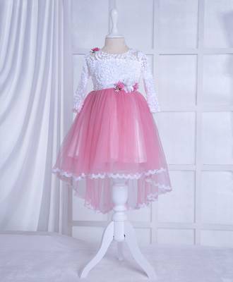 baby pink solid net corsage applique bottom lace detailed frock 1