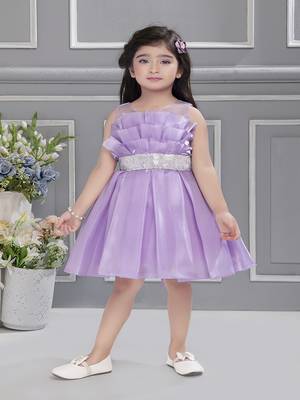 Lilac solid organza box pleated stone embellish frock- lilac 1