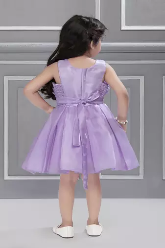 Lilac solid organza box pleated stone embellish frock- lilac