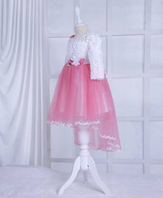 baby pink solid net corsage applique bottom lace detailed frock 3