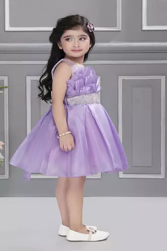 Lilac solid organza box pleated stone embellish frock- lilac