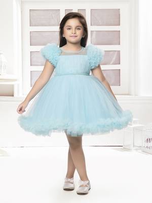 Blue solid net pleated yoke stone embellish frock 1