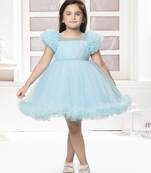 Blue solid net pleated yoke stone embellish frock