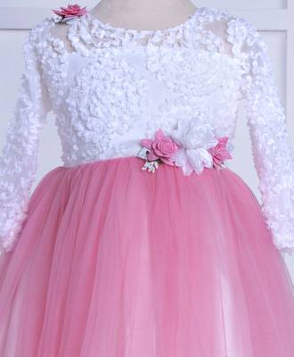 baby pink solid net corsage applique bottom lace detailed frock 4