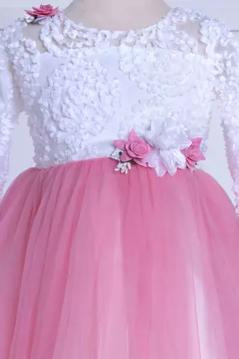 baby pink solid net corsage applique bottom lace detailed frock