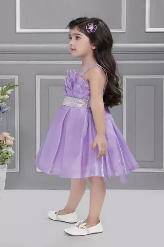 Lilac solid organza box pleated stone embellish frock- lilac