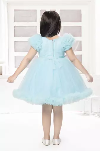 Blue solid net pleated yoke stone embellish frock