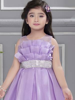Lilac solid organza box pleated stone embellish frock- lilac 5