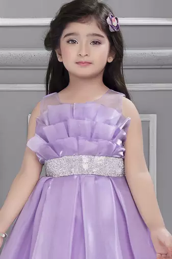 Lilac solid organza box pleated stone embellish frock- lilac