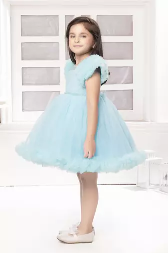 Blue solid net pleated yoke stone embellish frock