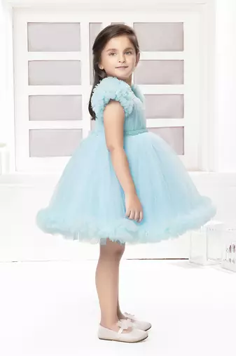 Blue solid net pleated yoke stone embellish frock