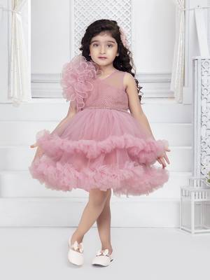 onion pink solid net double layer frilled glitter embellish frock 1