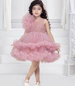 onion pink solid net double layer frilled glitter embellish frock