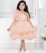 peach solid net double layer frilled glitter embellish frock