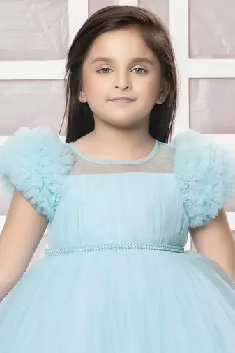 Blue solid net pleated yoke stone embellish frock
