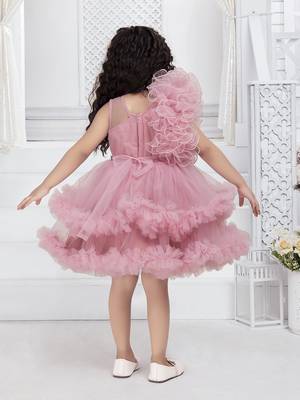 onion pink solid net double layer frilled glitter embellish frock 2