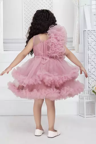 onion pink solid net double layer frilled glitter embellish frock