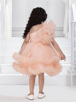 peach solid net double layer frilled glitter embellish frock 2
