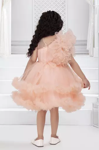 peach solid net double layer frilled glitter embellish frock