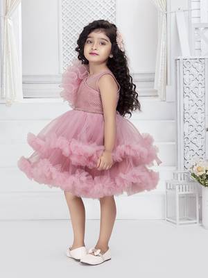 onion pink solid net double layer frilled glitter embellish frock 3