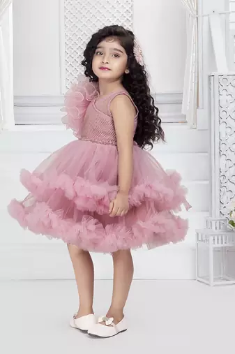 onion pink solid net double layer frilled glitter embellish frock