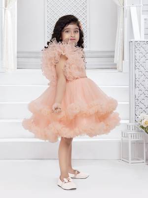 peach solid net double layer frilled glitter embellish frock 3