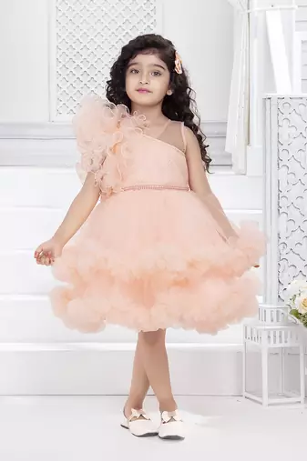 peach solid net double layer frilled glitter embellish frock