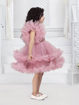 onion pink solid net double layer frilled glitter embellish frock 4