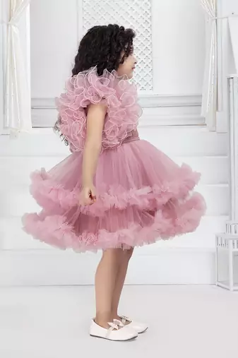 onion pink solid net double layer frilled glitter embellish frock
