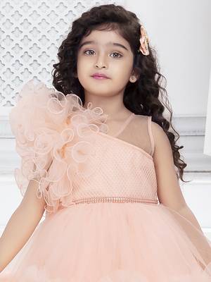 peach solid net double layer frilled glitter embellish frock 5