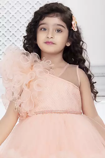 peach solid net double layer frilled glitter embellish frock