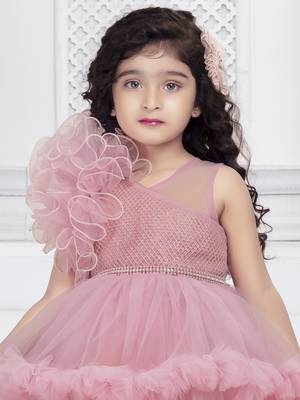onion pink solid net double layer frilled glitter embellish frock 5