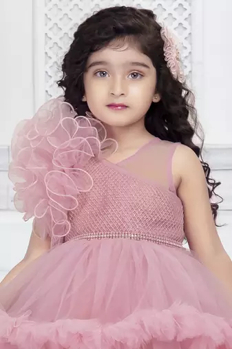 onion pink solid net double layer frilled glitter embellish frock