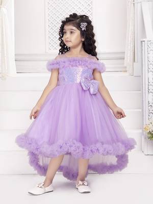 Lavender solid net tail look off shoulder sequence yoke frock 1