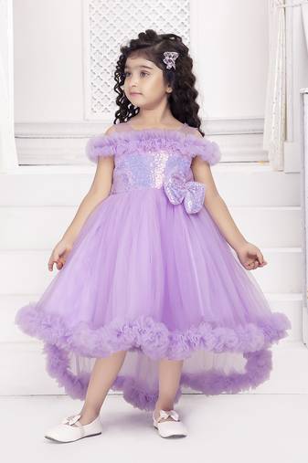 Lavender solid net tail look off shoulder sequence yoke frock