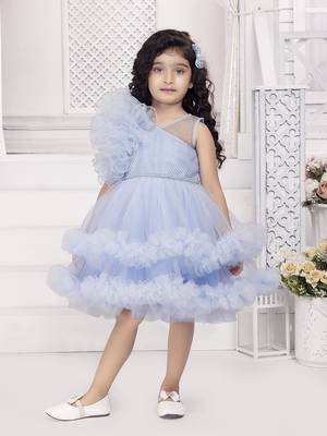 Blue solid net double layer frilled glitter embellish frock 1